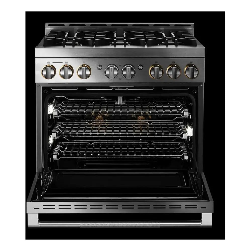 JennAir RISE 36 inch Smart Gas Range with 6 Sealed Burners, 5.1 cu. ft. Oven Capacity, Cast Iron Grates, CustomClean with Automatic Lock, in Stainless Steel, JGRP436HL