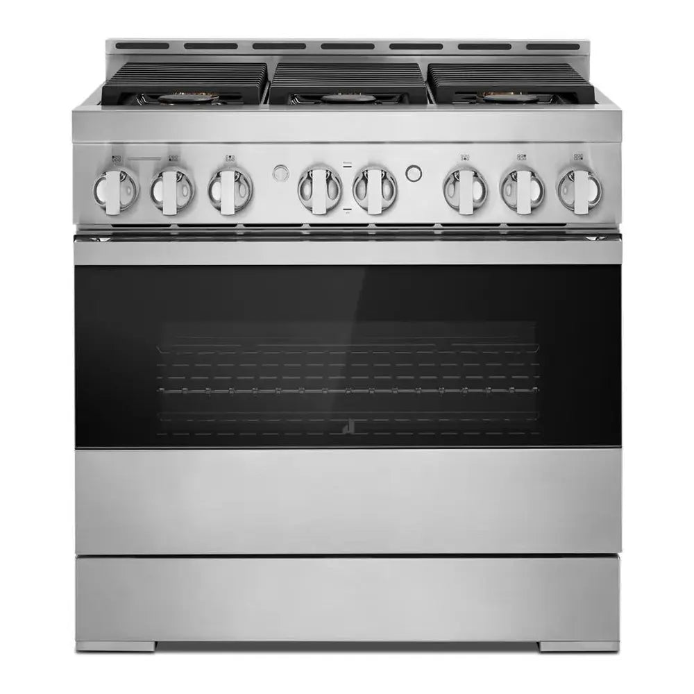 JennAir NOIR 36 inch Smart Gas Range with 6 Sealed Burners, 5.1 cu. ft. Oven Capacity, Cast Iron Grates, CustomClean with Automatic Lock, in Stainless Steel, JGRP436HM