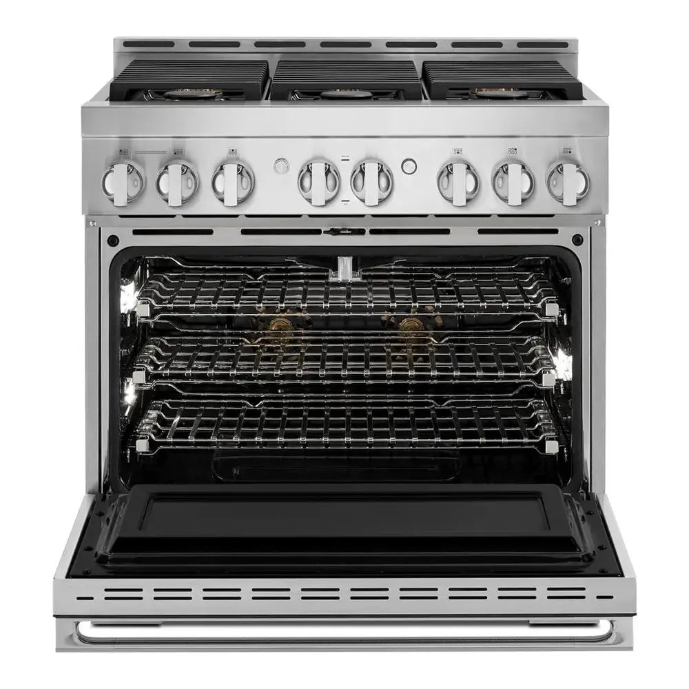 JennAir NOIR 36 inch Smart Gas Range with 6 Sealed Burners, 5.1 cu. ft. Oven Capacity, Cast Iron Grates, CustomClean with Automatic Lock, in Stainless Steel, JGRP436HM