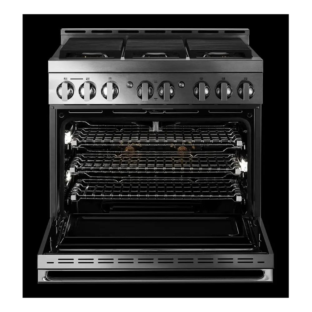 JennAir NOIR 36 inch Smart Gas Range with 6 Sealed Burners, 5.1 cu. ft. Oven Capacity, Cast Iron Grates, CustomClean with Automatic Lock, in Stainless Steel, JGRP436HM
