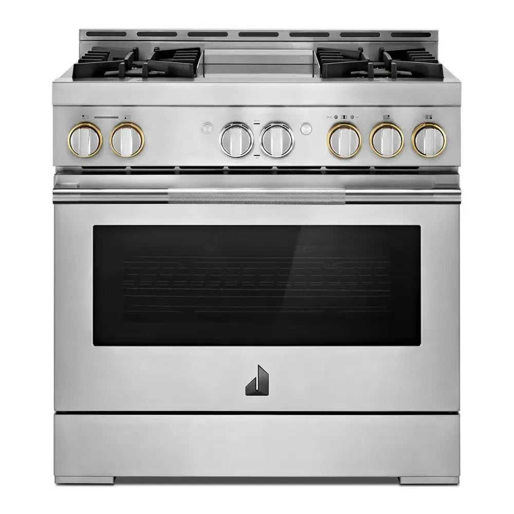 JennAir RISE 36 inch Smart Gas Range with 4 Sealed Burners, 5.1 Cu. Ft. Oven Capacity, Remote Access, Halo-Effect Knobs, Chrome-Infused Griddle, in Stainless Steel, JGRP536HL
