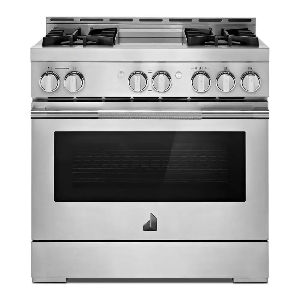 JennAir RISE 36 inch Smart Gas Range with 4 Sealed Burners, 5.1 Cu. Ft. Oven Capacity, Remote Access, Halo-Effect Knobs, Chrome-Infused Griddle, in Stainless Steel, JGRP536HL