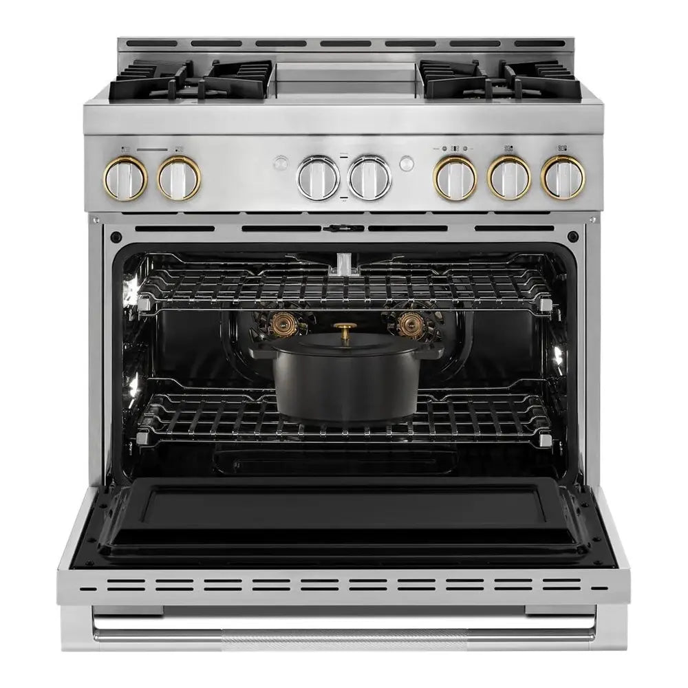 JennAir RISE 36 inch Smart Gas Range with 4 Sealed Burners, 5.1 Cu. Ft. Oven Capacity, Remote Access, Halo-Effect Knobs, Chrome-Infused Griddle, in Stainless Steel, JGRP536HL