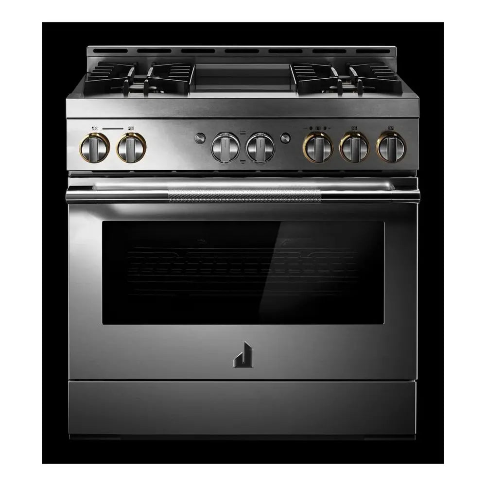 JennAir RISE 36 inch Smart Gas Range with 4 Sealed Burners, 5.1 Cu. Ft. Oven Capacity, Remote Access, Halo-Effect Knobs, Chrome-Infused Griddle, in Stainless Steel, JGRP536HL