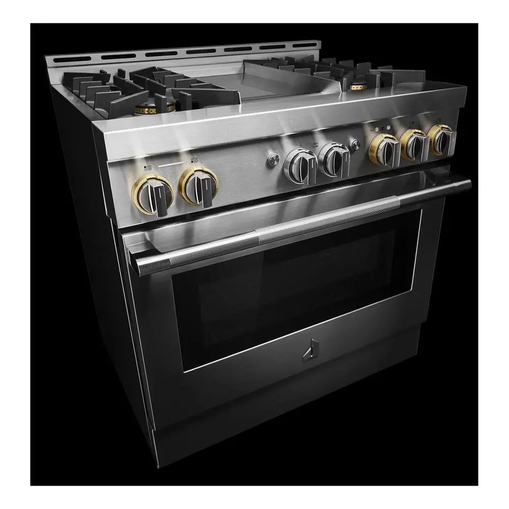 JennAir RISE 36 inch Smart Gas Range with 4 Sealed Burners, 5.1 Cu. Ft. Oven Capacity, Remote Access, Halo-Effect Knobs, Chrome-Infused Griddle, in Stainless Steel, JGRP536HL