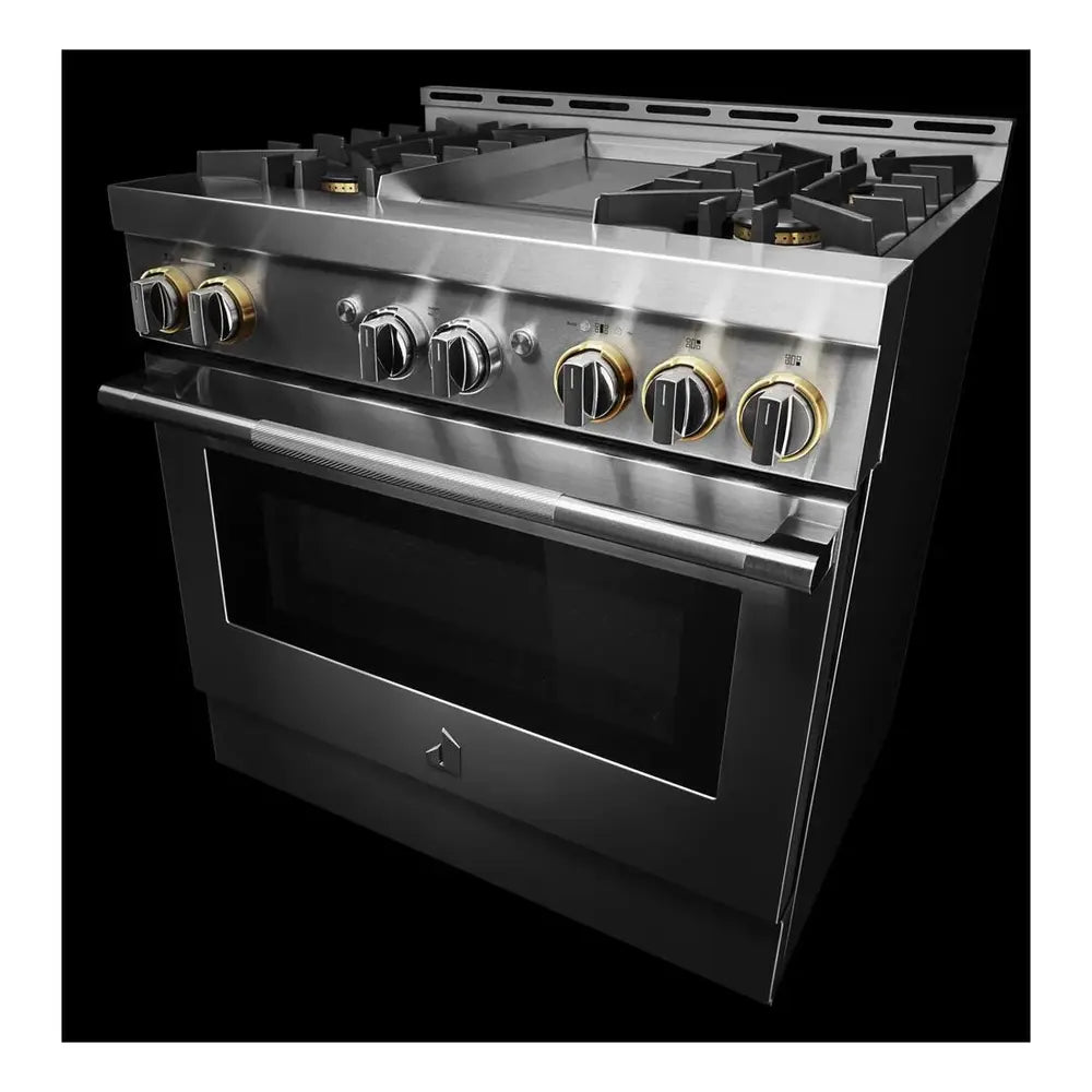 JennAir RISE 36 inch Smart Gas Range with 4 Sealed Burners, 5.1 Cu. Ft. Oven Capacity, Remote Access, Halo-Effect Knobs, Chrome-Infused Griddle, in Stainless Steel, JGRP536HL