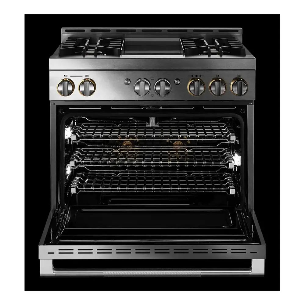 JennAir RISE 36 inch Smart Gas Range with 4 Sealed Burners, 5.1 Cu. Ft. Oven Capacity, Remote Access, Halo-Effect Knobs, Chrome-Infused Griddle, in Stainless Steel, JGRP536HL