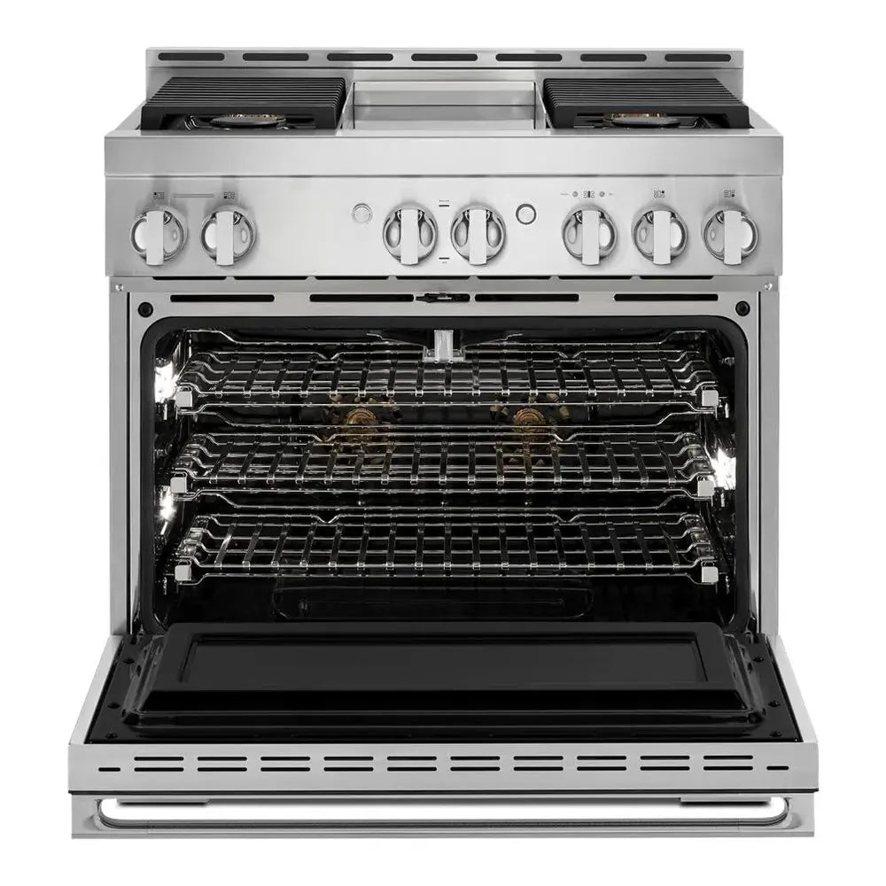 JennAir NOIR 36 inch Smart Gas Range with 4 Sealed Burners, 5.1 Cu. Ft. Oven Capacity, Remote Access, Halo-Effect Knobs, Chrome-Infused Griddle, in Stainless Steel, JGRP536HM