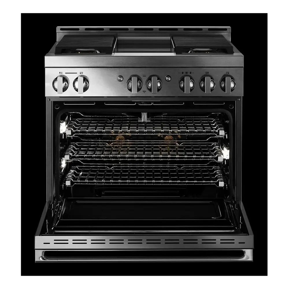 JennAir NOIR 36 inch Smart Gas Range with 4 Sealed Burners, 5.1 Cu. Ft. Oven Capacity, Remote Access, Halo-Effect Knobs, Chrome-Infused Griddle, in Stainless Steel, JGRP536HM