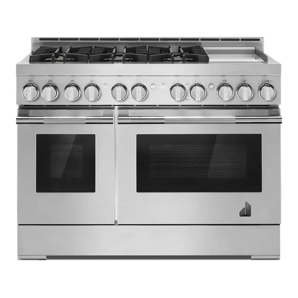 JennAir RISE 48 inch Professional Smart Gas Range with 6 Sealed Burners, Chrome-Infused Griddle, Dual Ovens, in Stainless Steel, JGRP548HL