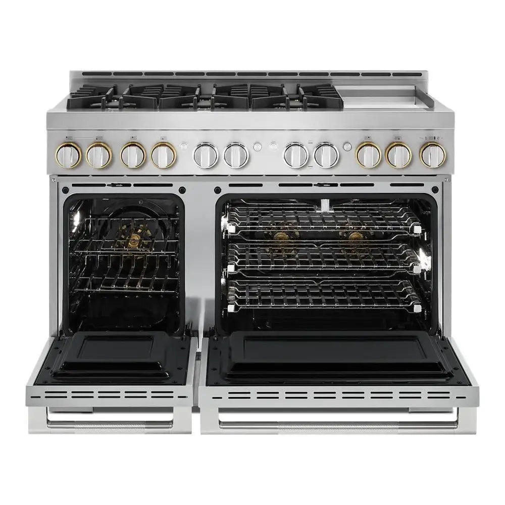 JennAir RISE 48 inch Professional Smart Gas Range with 6 Sealed Burners, Chrome-Infused Griddle, Dual Ovens, in Stainless Steel, JGRP548HL