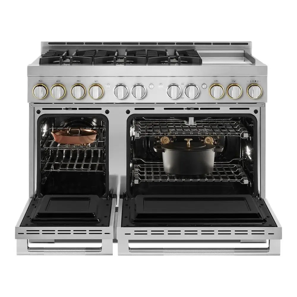 JennAir RISE 48 inch Professional Smart Gas Range with 6 Sealed Burners, Chrome-Infused Griddle, Dual Ovens, in Stainless Steel, JGRP548HL