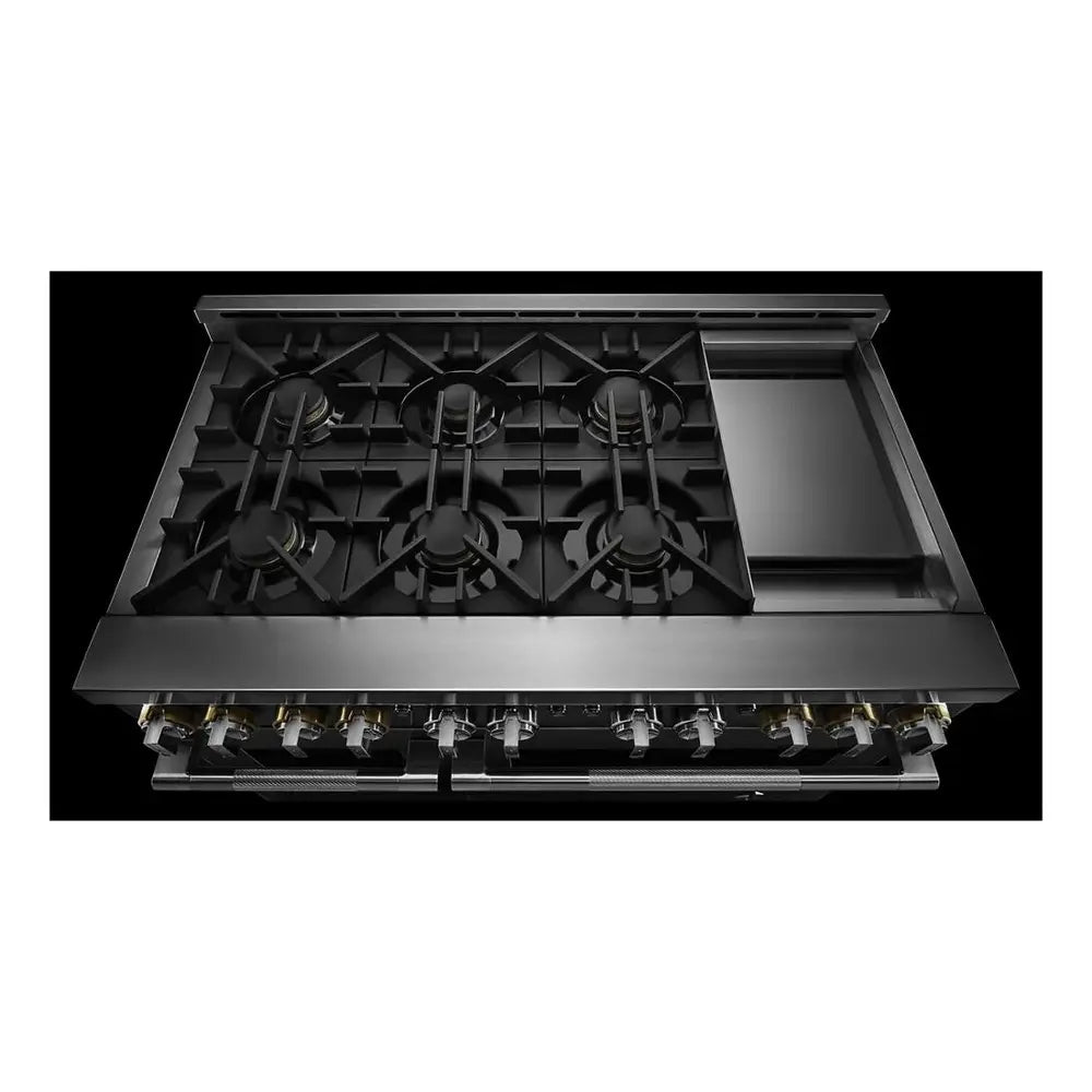 JennAir RISE 48 inch Professional Smart Gas Range with 6 Sealed Burners, Chrome-Infused Griddle, Dual Ovens, in Stainless Steel, JGRP548HL
