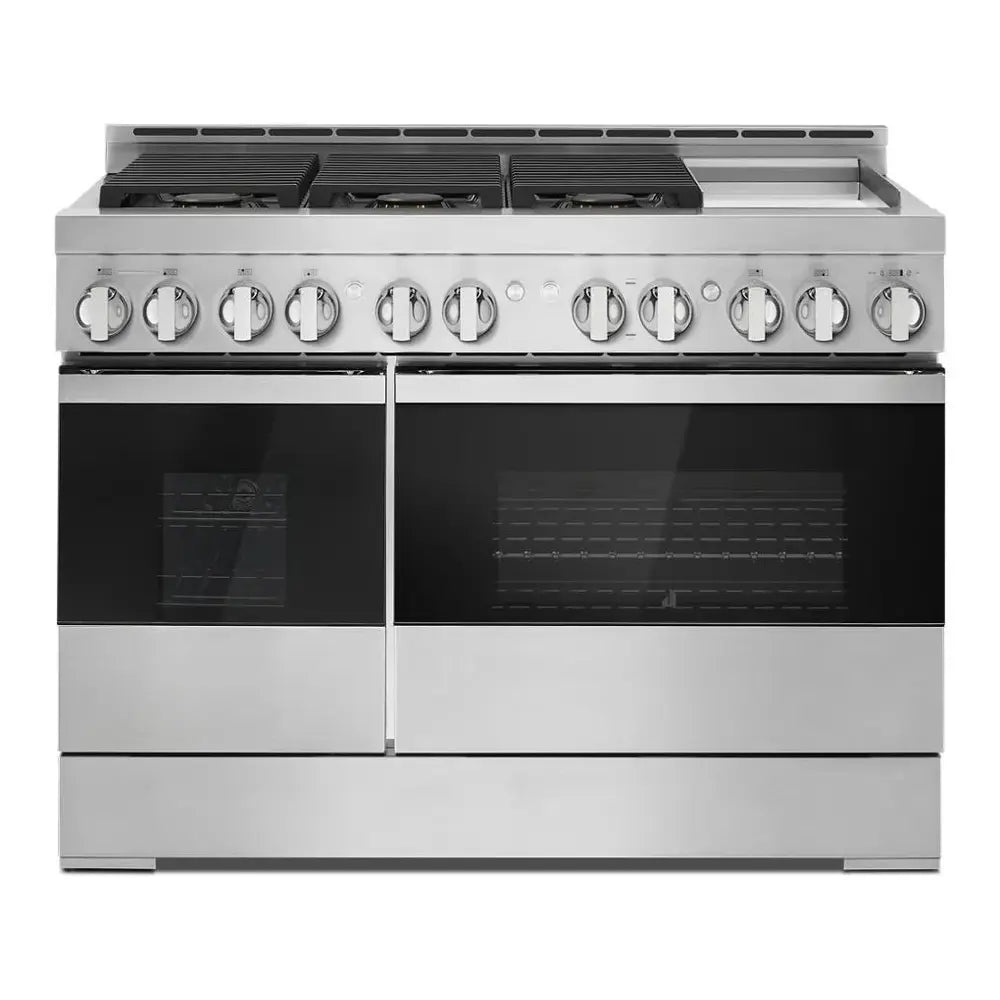 JennAir NOIR 48 inch Professional Smart Gas Range with 6 Sealed Burners, Chrome-Infused Griddle, Dual Ovens, in Stainless Steel, JGRP548HM