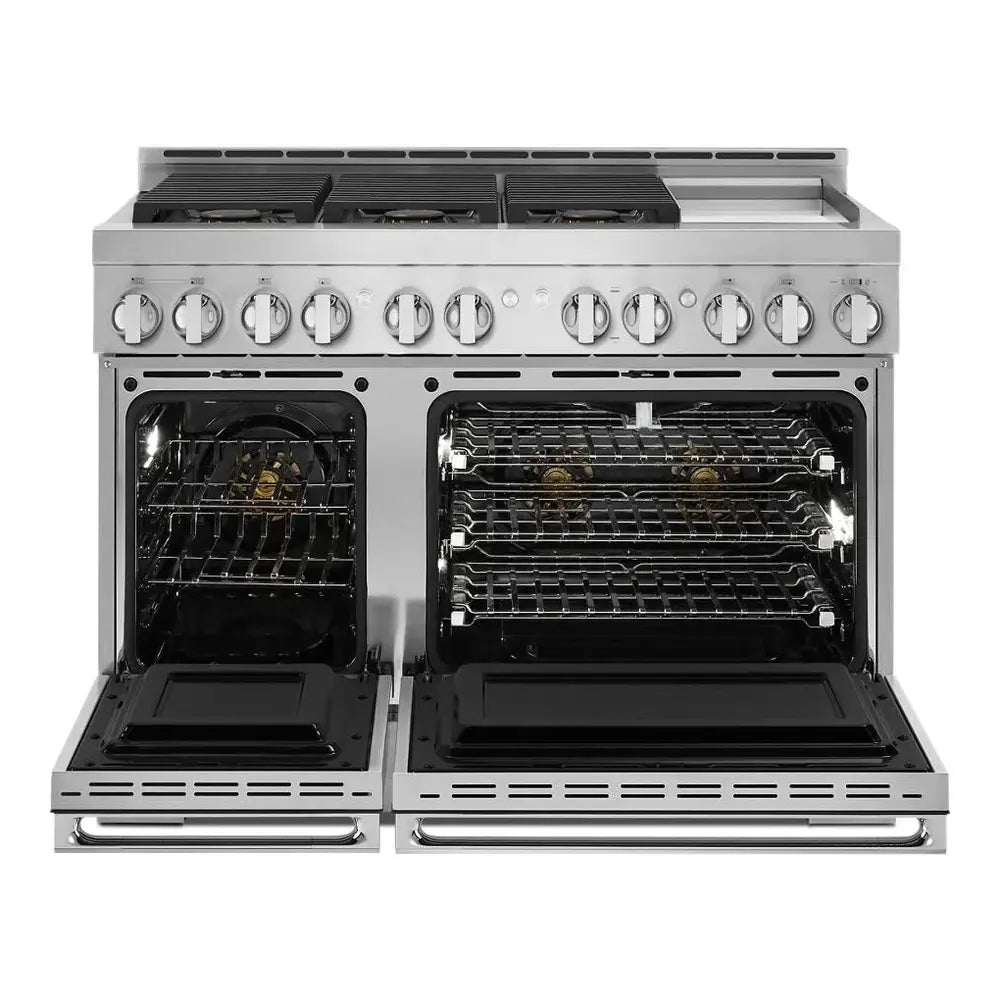 JennAir NOIR 48 inch Professional Smart Gas Range with 6 Sealed Burners, Chrome-Infused Griddle, Dual Ovens, in Stainless Steel, JGRP548HM