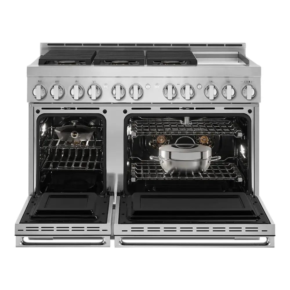 JennAir NOIR 48 inch Professional Smart Gas Range with 6 Sealed Burners, Chrome-Infused Griddle, Dual Ovens, in Stainless Steel, JGRP548HM