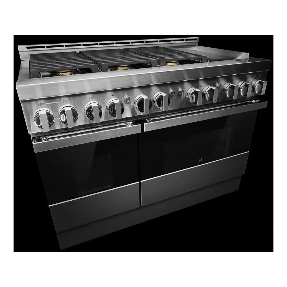 JennAir NOIR 48 inch Professional Smart Gas Range with 6 Sealed Burners, Chrome-Infused Griddle, Dual Ovens, in Stainless Steel, JGRP548HM