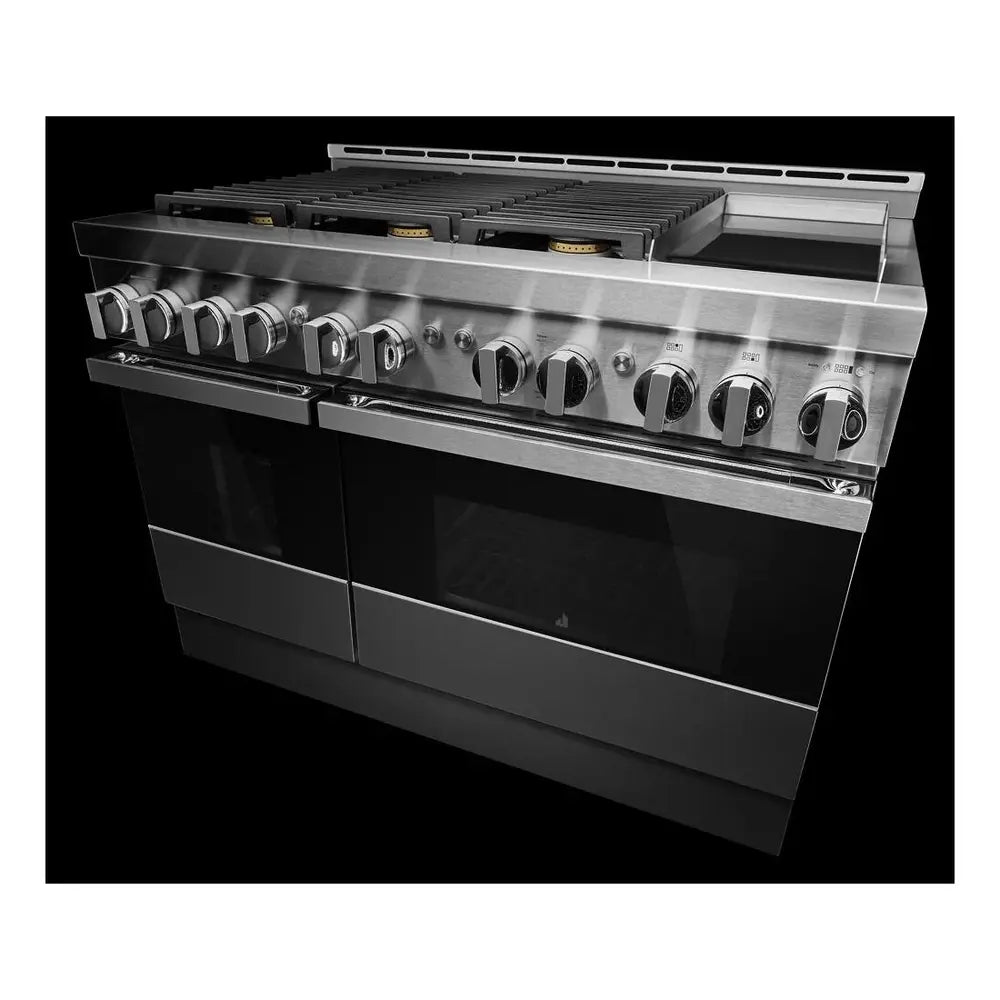 JennAir NOIR 48 inch Professional Smart Gas Range with 6 Sealed Burners, Chrome-Infused Griddle, Dual Ovens, in Stainless Steel, JGRP548HM