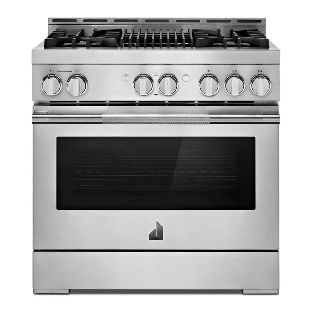 JennAir RISE 36 inch Smart Gas Range with 5.1 cu. ft Oven Capacity, 4 Sealed Burners, Infrared Grill, Remote Access, Cast Iron Grates, in Stainless Steel, JGRP636HL