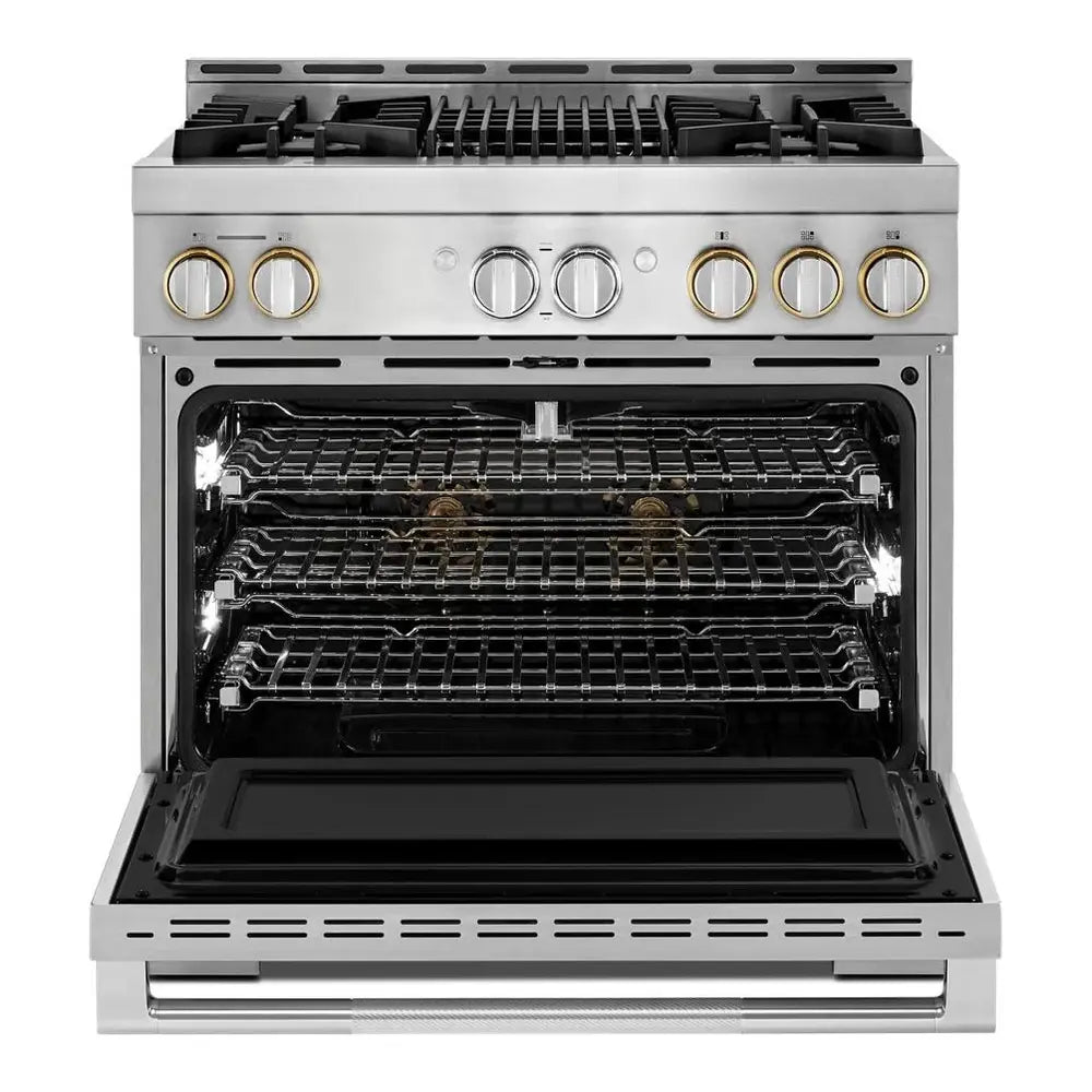 JennAir RISE 36 inch Smart Gas Range with 5.1 cu. ft Oven Capacity, 4 Sealed Burners, Infrared Grill, Remote Access, Cast Iron Grates, in Stainless Steel, JGRP636HL
