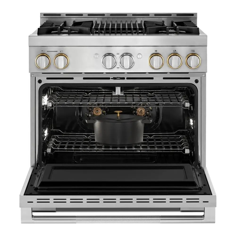 JennAir RISE 36 inch Smart Gas Range with 5.1 cu. ft Oven Capacity, 4 Sealed Burners, Infrared Grill, Remote Access, Cast Iron Grates, in Stainless Steel, JGRP636HL