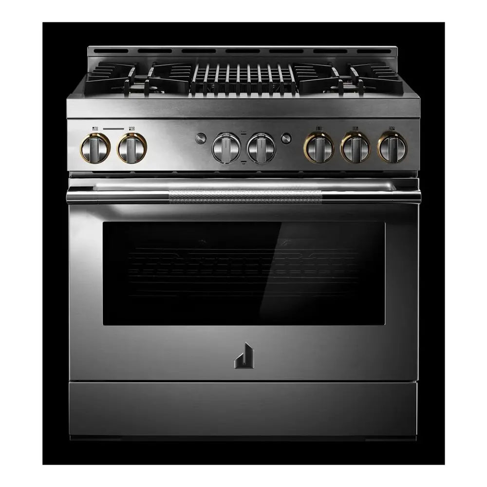 JennAir RISE 36 inch Smart Gas Range with 5.1 cu. ft Oven Capacity, 4 Sealed Burners, Infrared Grill, Remote Access, Cast Iron Grates, in Stainless Steel, JGRP636HL