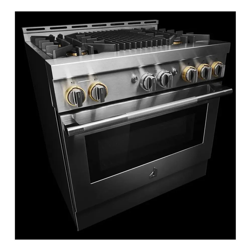 JennAir RISE 36 inch Smart Gas Range with 5.1 cu. ft Oven Capacity, 4 Sealed Burners, Infrared Grill, Remote Access, Cast Iron Grates, in Stainless Steel, JGRP636HL