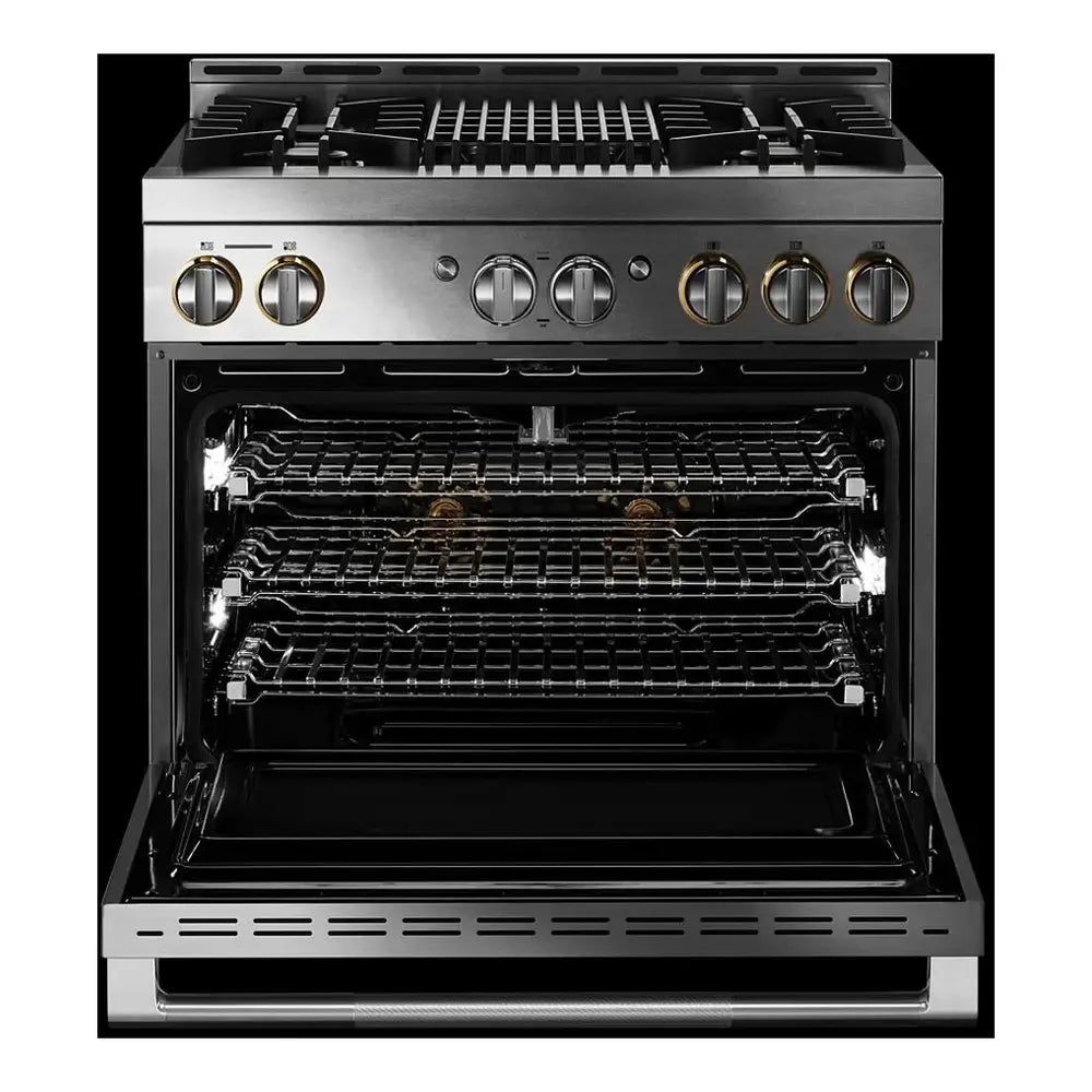 JennAir RISE 36 inch Smart Gas Range with 5.1 cu. ft Oven Capacity, 4 Sealed Burners, Infrared Grill, Remote Access, Cast Iron Grates, in Stainless Steel, JGRP636HL