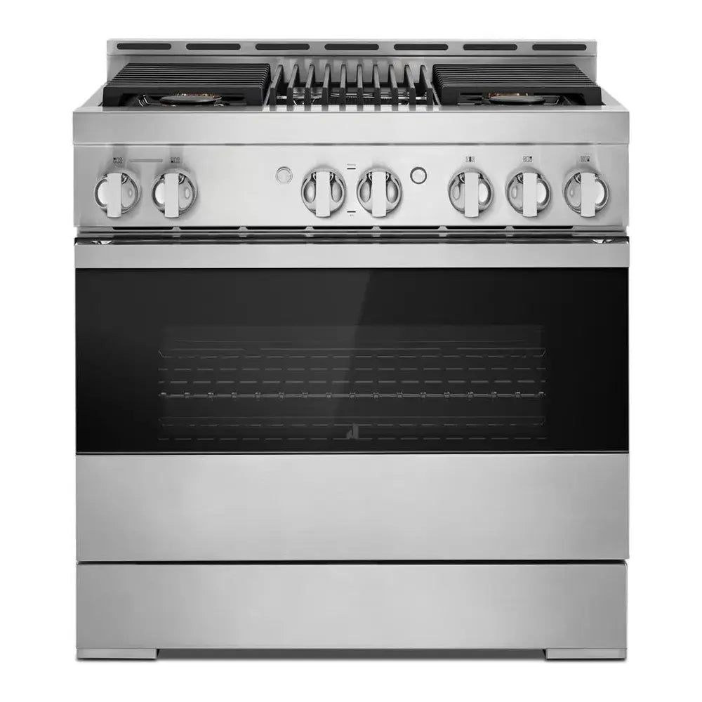 JennAir NOIR 36 inch Smart Gas Range with 5.1 cu. ft Oven Capacity, 4 Sealed Burners, Infrared Grill, Remote Access, Cast Iron Grates, in Stainless Steel, JGRP636HM