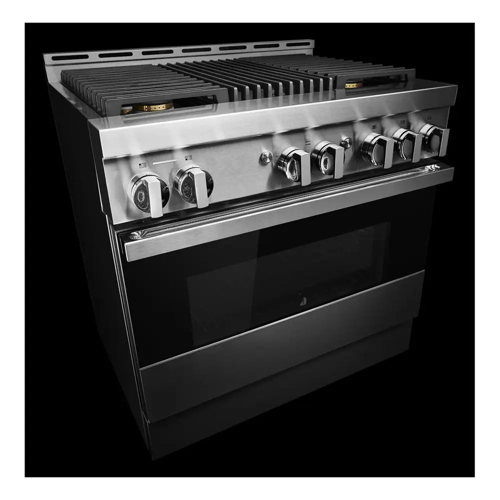 JennAir NOIR 36 inch Smart Gas Range with 5.1 cu. ft Oven Capacity, 4 Sealed Burners, Infrared Grill, Remote Access, Cast Iron Grates, in Stainless Steel, JGRP636HM