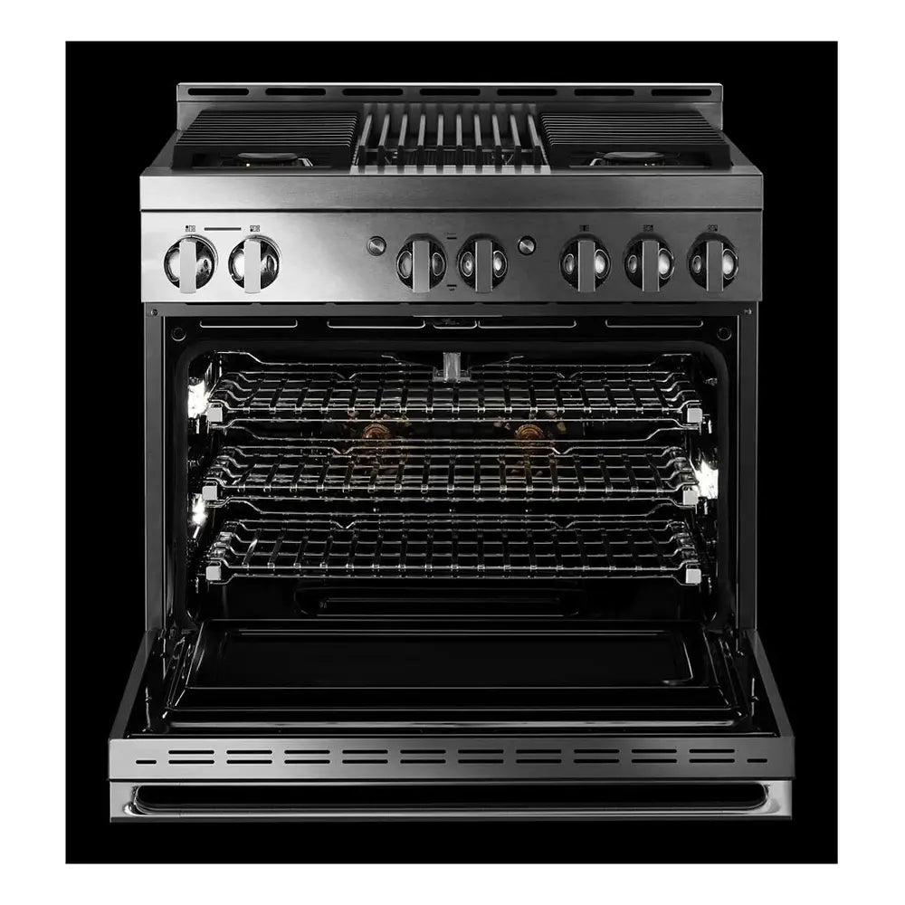 JennAir NOIR 36 inch Smart Gas Range with 5.1 cu. ft Oven Capacity, 4 Sealed Burners, Infrared Grill, Remote Access, Cast Iron Grates, in Stainless Steel, JGRP636HM