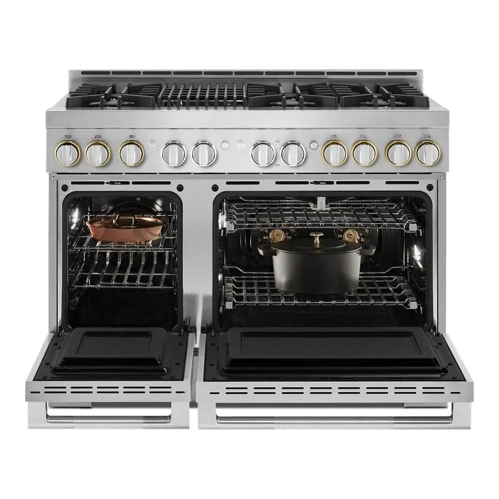 JennAir RISE 48 inch Smart Gas Range with 6 Sealed Burners, Grill, 6.3 cu. ft. Total Oven Capacity, Remote Access, Halo-Effect Knobs, Dual-Fan True Convection, in Stainless Steel, JGRP648HL