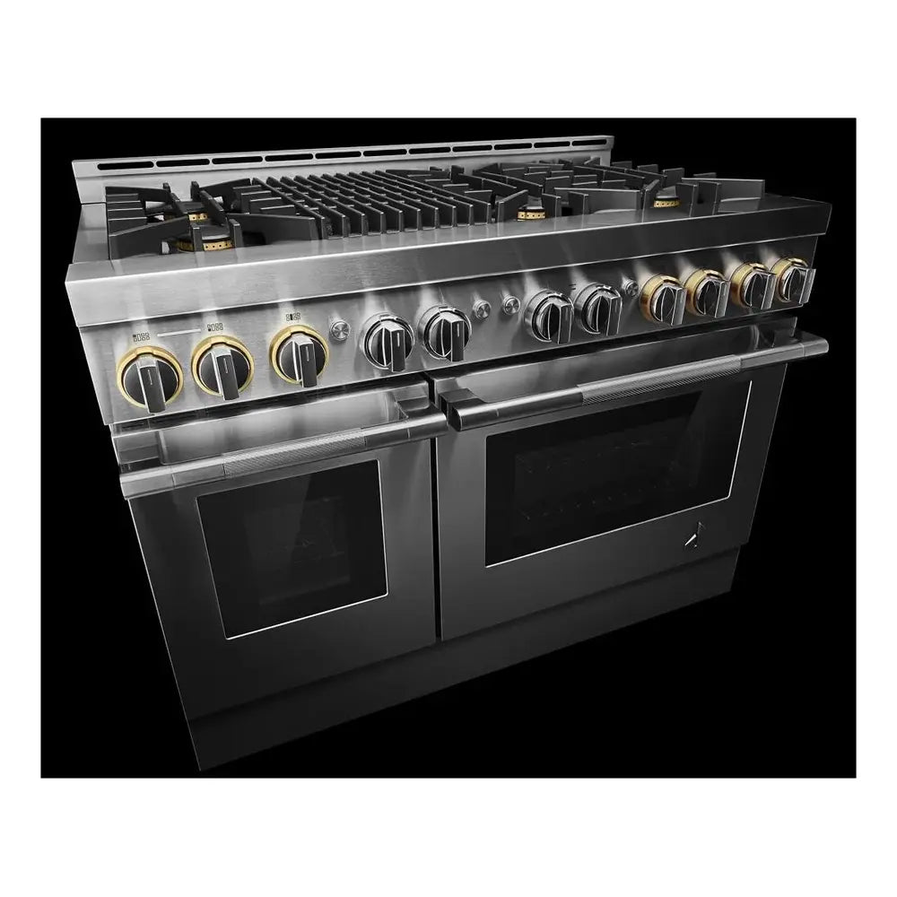 JennAir RISE 48 inch Smart Gas Range with 6 Sealed Burners, Grill, 6.3 cu. ft. Total Oven Capacity, Remote Access, Halo-Effect Knobs, Dual-Fan True Convection, in Stainless Steel, JGRP648HL