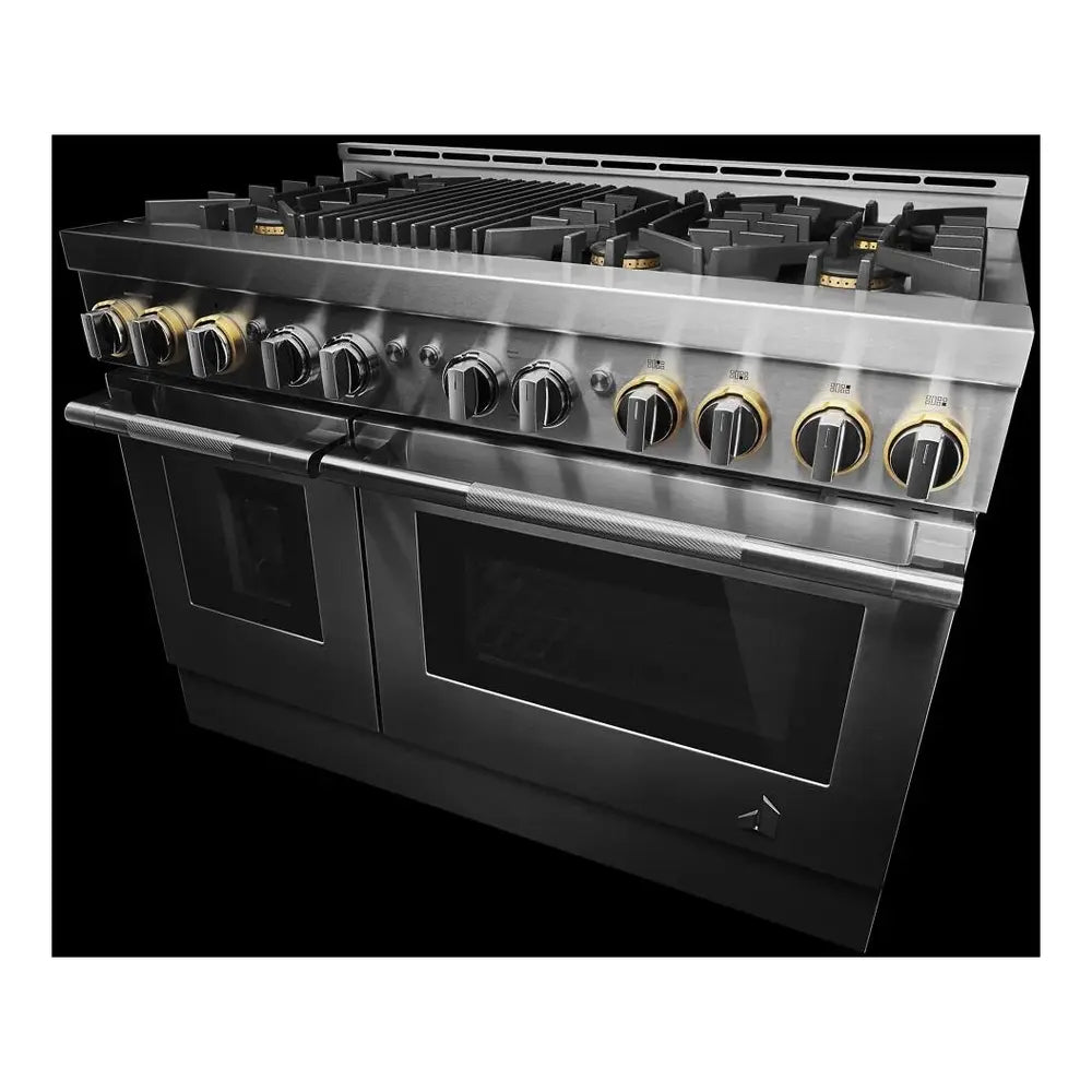 JennAir RISE 48 inch Smart Gas Range with 6 Sealed Burners, Grill, 6.3 cu. ft. Total Oven Capacity, Remote Access, Halo-Effect Knobs, Dual-Fan True Convection, in Stainless Steel, JGRP648HL