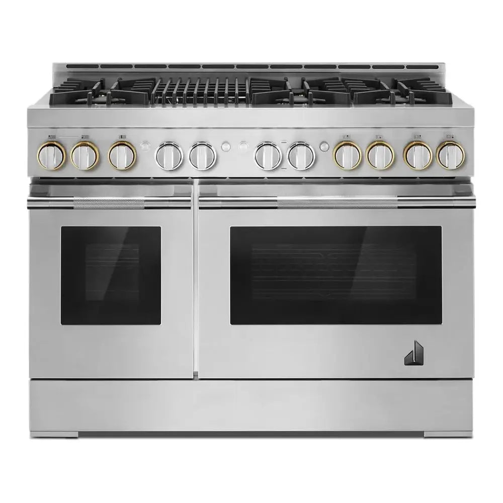 JennAir NOIR 48 inch Smart Gas Range with 6 Sealed Burners, Grill, 6.3 cu. ft. Total Oven Capacity, Remote Access, Halo-Effect Knobs, Dual-Fan True Convection, in Stainless Steel, JGRP648HM