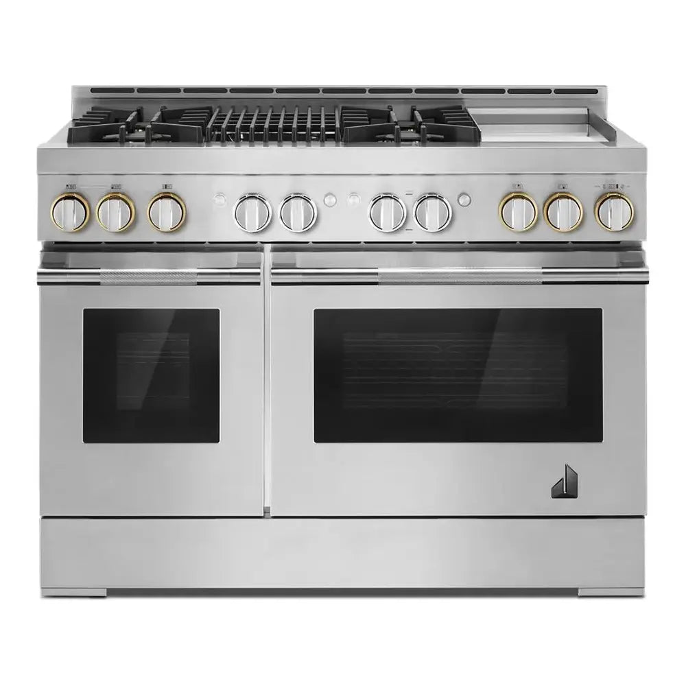 JennAir RISE 48 inch Professional Smart Gas Range with 4 Sealed Burners, Griddle, Grill, 6.3 cu. ft. Total Oven Capacity, Remote Access, Halo-Effect Knobs, in Stainless Steel, JGRP748HL