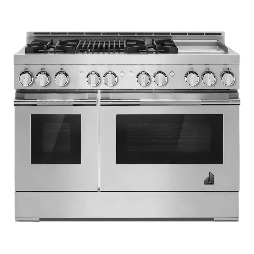 JennAir RISE 48 inch Professional Smart Gas Range with 4 Sealed Burners, Griddle, Grill, 6.3 cu. ft. Total Oven Capacity, Remote Access, Halo-Effect Knobs, in Stainless Steel, JGRP748HL