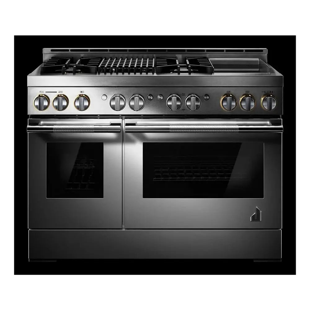 JennAir RISE 48 inch Professional Smart Gas Range with 4 Sealed Burners, Griddle, Grill, 6.3 cu. ft. Total Oven Capacity, Remote Access, Halo-Effect Knobs, in Stainless Steel, JGRP748HL