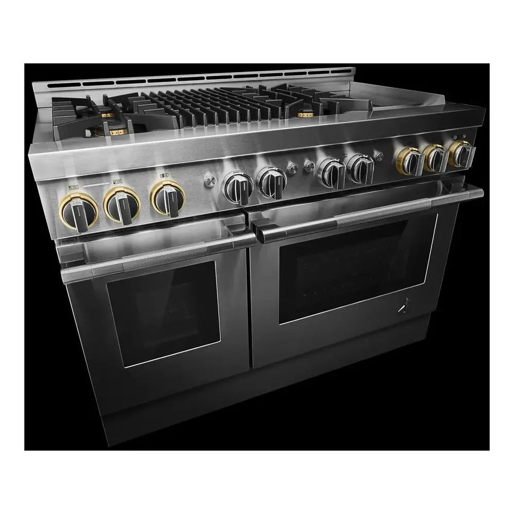 JennAir RISE 48 inch Professional Smart Gas Range with 4 Sealed Burners, Griddle, Grill, 6.3 cu. ft. Total Oven Capacity, Remote Access, Halo-Effect Knobs, in Stainless Steel, JGRP748HL