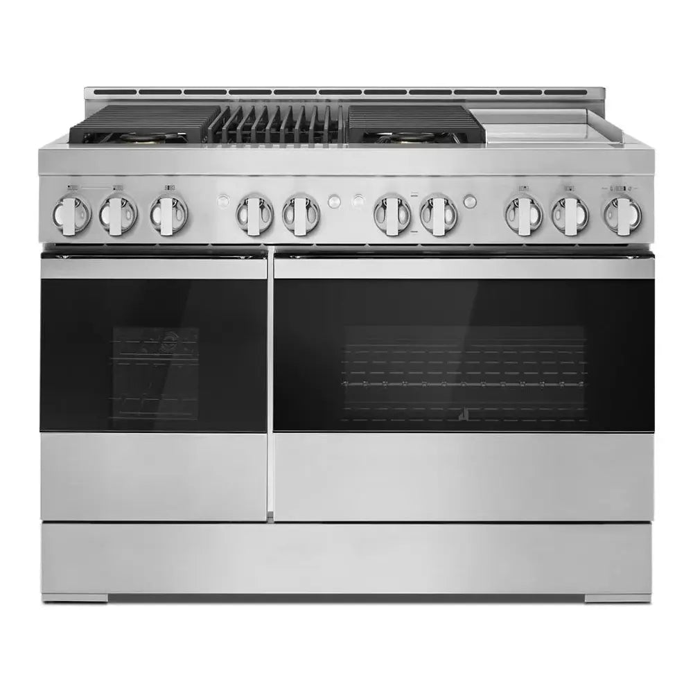 JennAir NOIR 48 inch Professional Smart Gas Range with 4 Sealed Burners, Griddle, Grill, 6.3 cu. ft. Total Oven Capacity, Remote Access, Halo-Effect Knobs, in Stainless Steel JGRP748HM