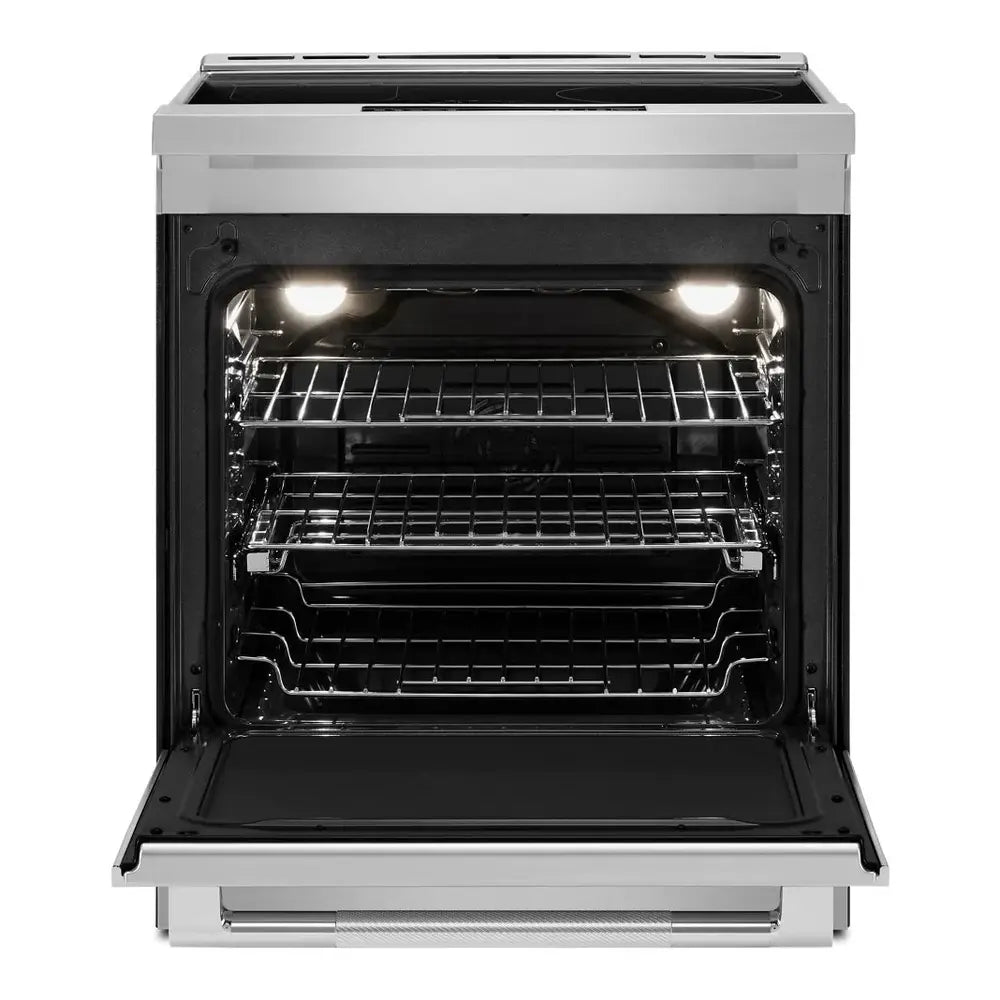 JennAir RISE 30 inch Induction Slide-In Range with 4 Cooking Zones, True Convection Oven, Assisted Cooking, Emotive Controls, Bridge Function, in Stainless Steel, JIS1450ML