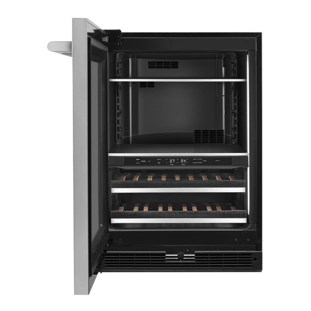 JennAir RISE 24 inch Under Counter Beverage Center with Dual Temperature Zones, UV-Resistant Thermal Glass in Stainless Steel, JUBF*242HL