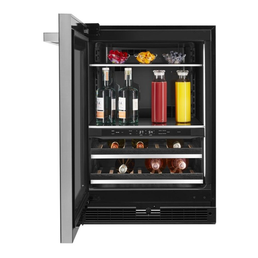JennAir NOIR 24 inch Under Counter Beverage Center with Dual Temperature Zones, UV-Resistant Thermal Glass, in Black JUBF*242HM
