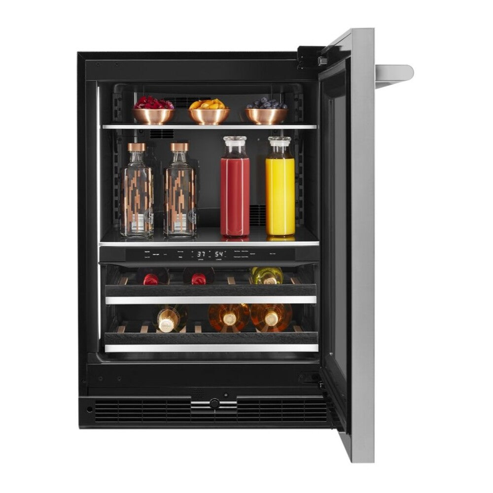 JennAir RISE 24 inch Under Counter Beverage Center with Dual Temperature Zones, UV-Resistant Thermal Glass in Stainless Steel, JUBF*242HL