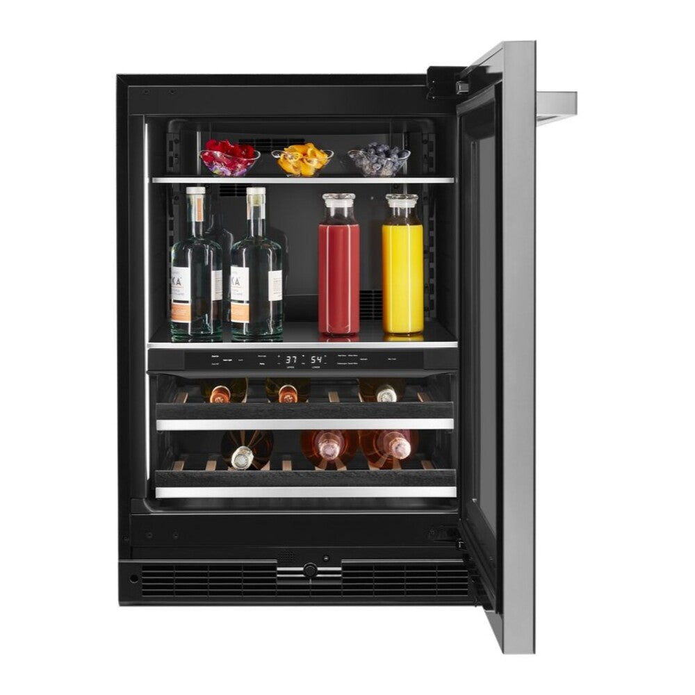JennAir NOIR 24 inch Under Counter Beverage Center with Dual Temperature Zones, UV-Resistant Thermal Glass, in Black JUBF*242HM