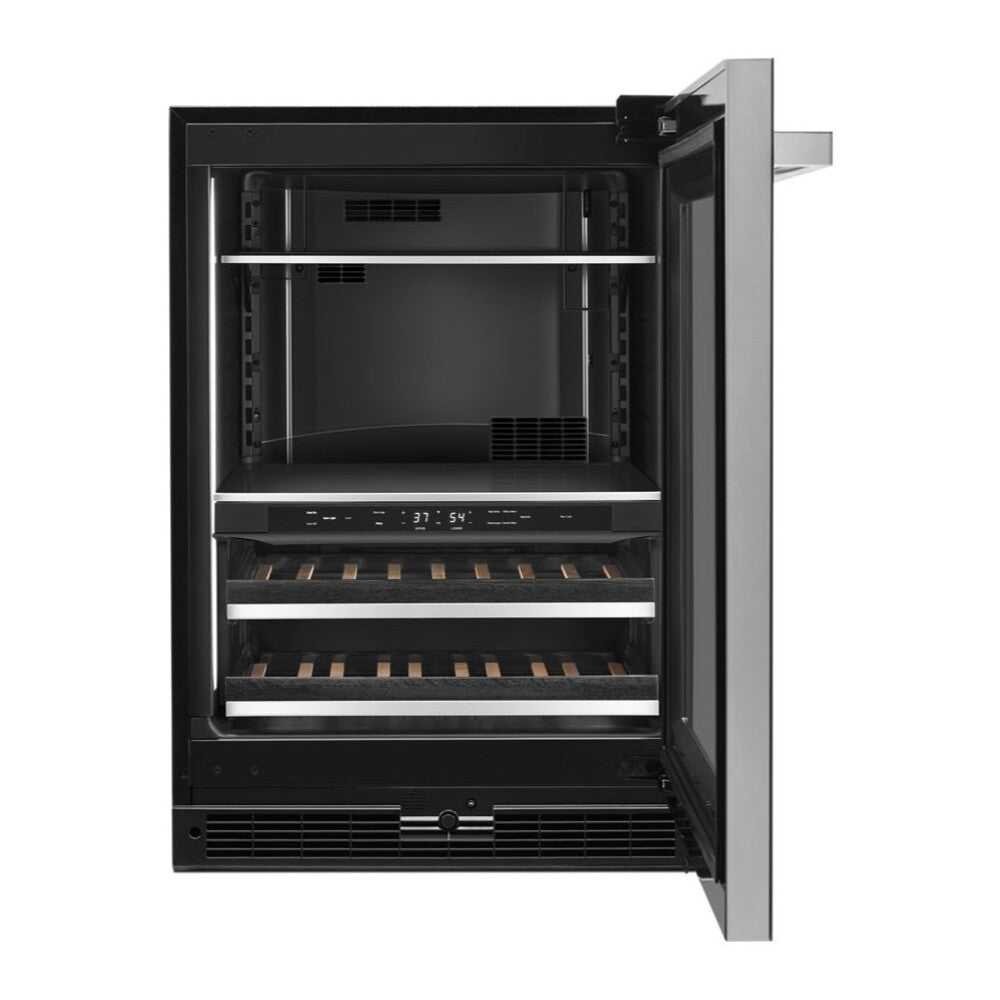 JennAir NOIR 24 inch Under Counter Beverage Center with Dual Temperature Zones, UV-Resistant Thermal Glass, in Black JUBF*242HM