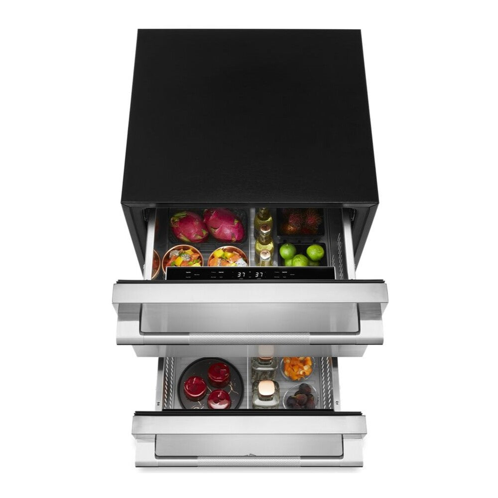 JennAir RISE 24 inch Double Drawer Refrigerator with 4.7 cu. ft. Capacity, Obsidian Interior and Smooth Close Drawers in Stainless Steel, JUDFP242HL