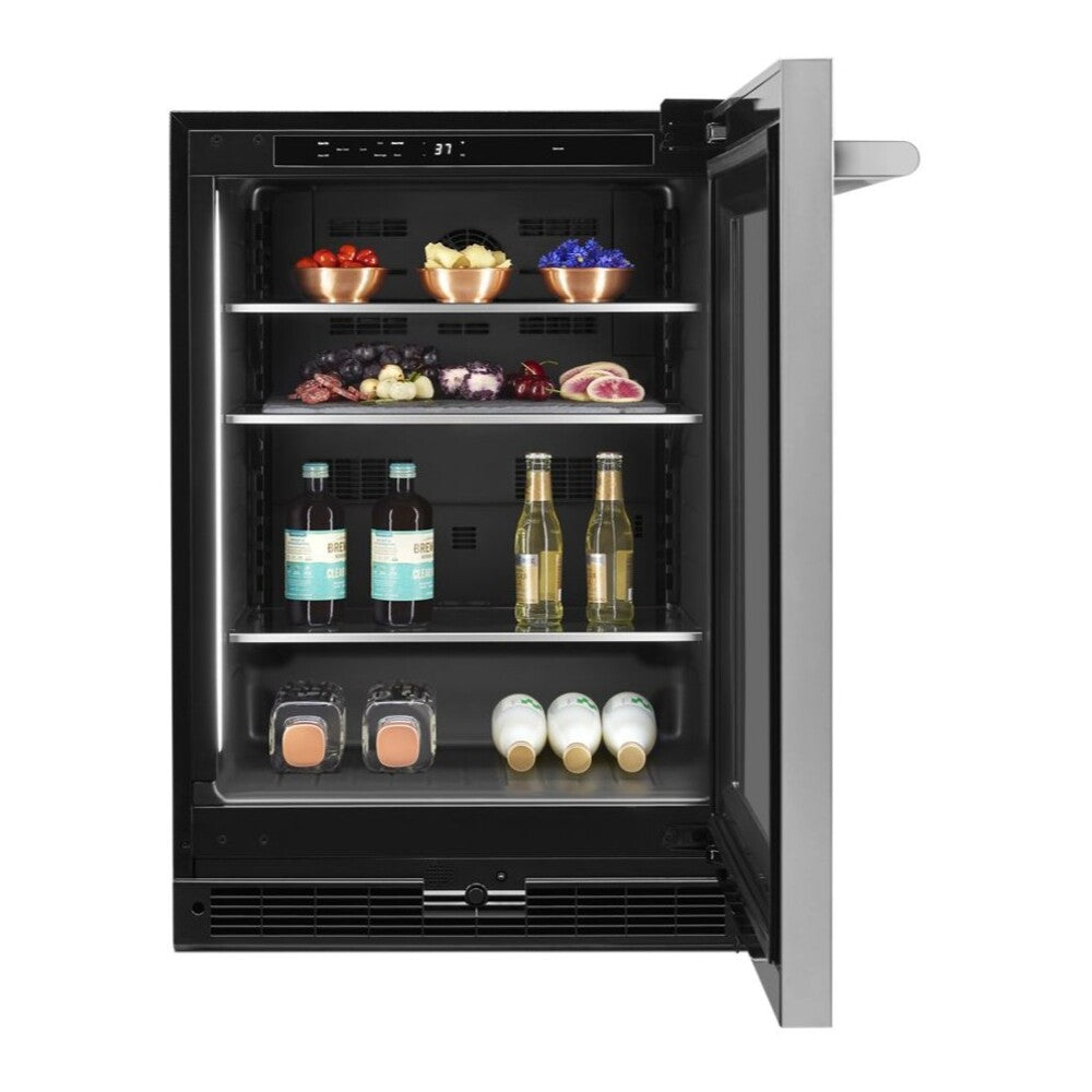 JennAir RISE 24 inch Under Counter Glass Door Refrigerator with 5.2 cu. ft. Capacity, Obsidian Interior and LED Lighting in Stainless Steel, JUGF*242HL