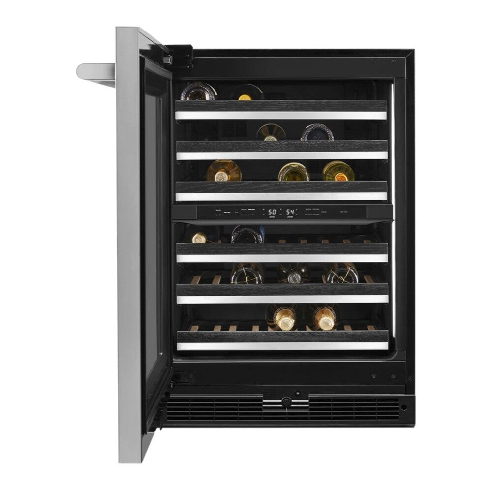 JennAir RISE 24 inch Built-In Undercounter Wine Cellar with 45 Bottle Capacity, Independent Temperature Zones in Stainless Steel, JUWF*242HL