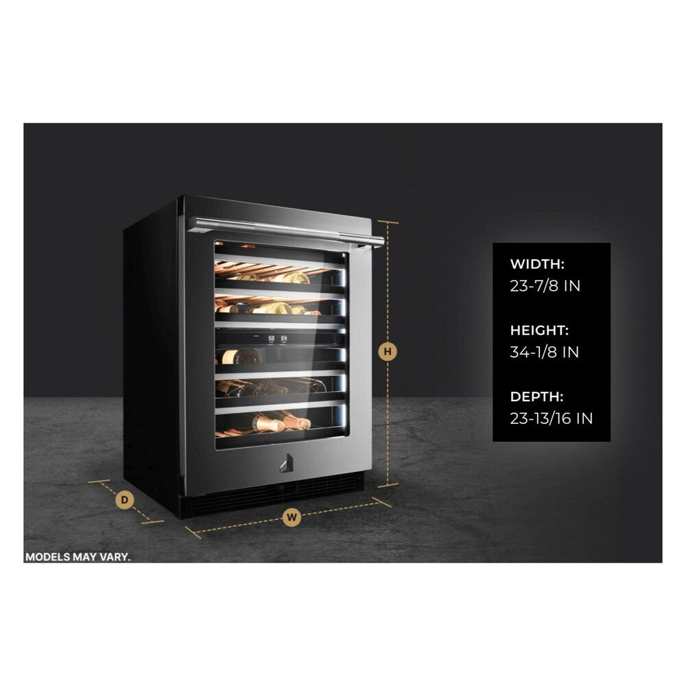 JennAir RISE 24 inch Built-In Undercounter Wine Cellar with 45 Bottle Capacity, Independent Temperature Zones in Stainless Steel, JUWF*242HL